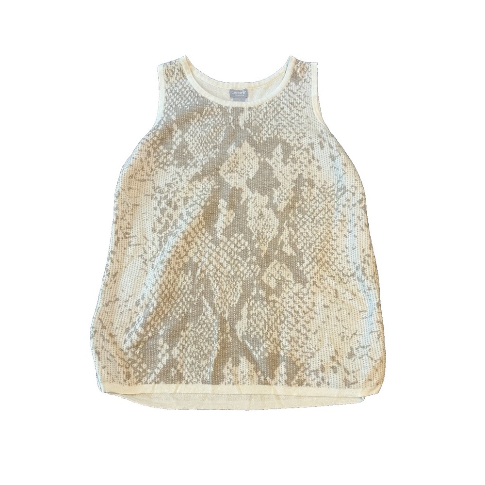 Chicos Znergy Cashmere Blend Womens Sleeveless White Sweater M Snakeskin Print